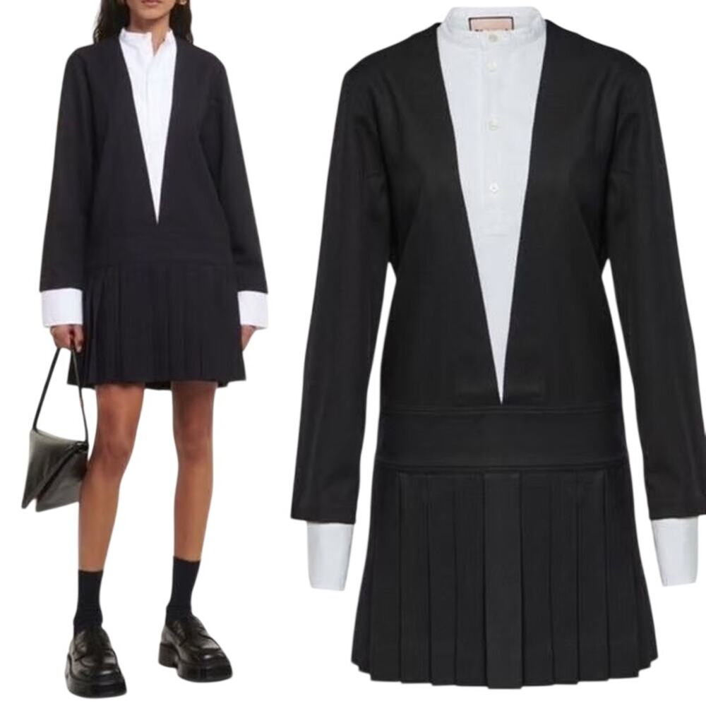 PLAN C Wednesday Short Dress with Pleating, Size 10 / French 44, MSRP $1,370